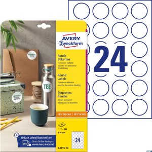 Etykiety o nietypowych kształtach, A4, 10 ark. / op., Q69 mm, okrągłe, trwałe, AVERY ZWECKFORM, 6228.10.01