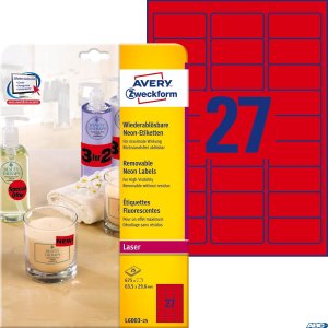 Etykiety neonowe, A4, 25 ark. / op., 63,5 x 29,6 mm, czerwone neonowe, AVERY ZWECKFORM, L6003-25