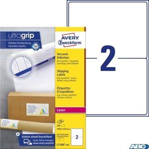 Recyklingowane etykiety wysyłkowe, A4, 100 ark. / op., 199,6 x 143,5 mm, białe, AVERY ZWECKFORM, LR7168-100