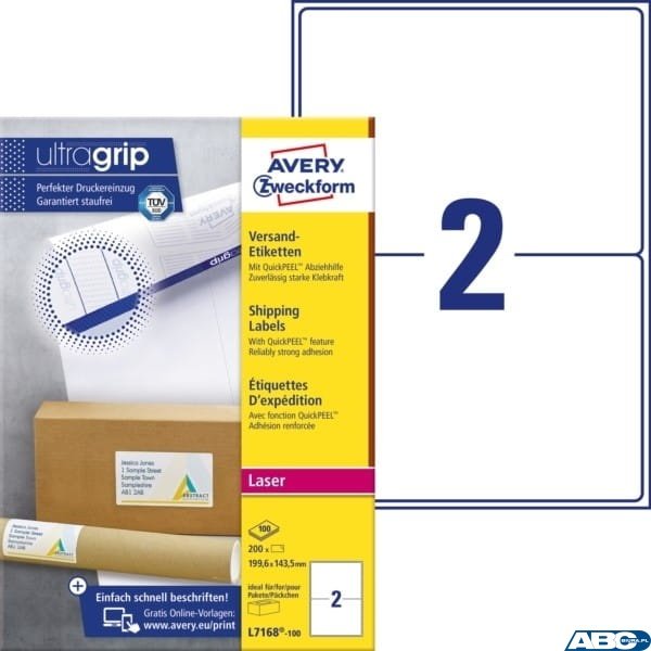 Recyklingowane etykiety wysyłkowe, A4, 100 ark./op., 199,6 x 143,5 mm, białe, AVERY ZWECKFORM, LR7168-100