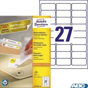 Usuwalne etykiety uniwersalne, A4, 100 ark. / op., 63,5 x 29,6 mm, białe, AVERY ZWECKFORM, L4737REV-100