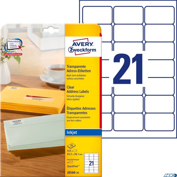 Etykiety adresowe J8560-25 63,5 x 38,1 25 ark. przezroczyste, Avery Zweckform (X)