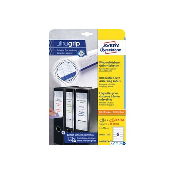 Usuwalne etykiety na segregatory, A4, 20 ark./op., 34x192mm, AVERY ZWECKFORM, L6060REV-20