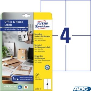 Trwałe recyklingowane etykiety uniwersalne, A4, 10 ark. / op., 105 x 148 mm, białe, AVERY ZWECKFORM, LR3483-10