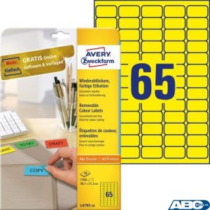 Etykiety usuwalne kolorowe, A4, 20 ark. / op., 38,1 x 21,2 mm, żółte, AVERY ZWECKFORM, L4793-20