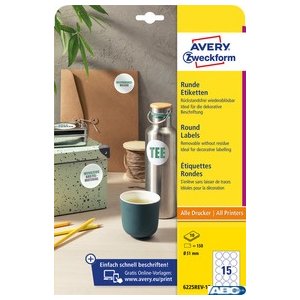 Usuwalne etykiety okrągłe 51mm białe 6225REV-10 A4 10ark. / 150szt Avery Zweckform
