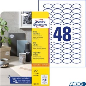 Etykiety o nietypowych kształtach, A4, 10 ark. / op., 40x20 mm, owalne, trwałe, AVERY ZWECKFORM, 6241.10.01