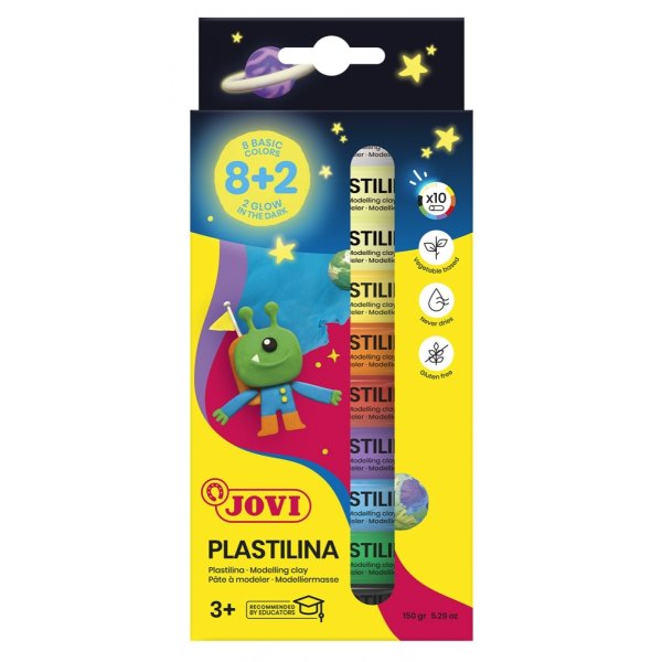 Zestaw plasteliny JOVI, 10x15g, 8 kolorów basic + 2 świecące w ciemności, mix kolorów