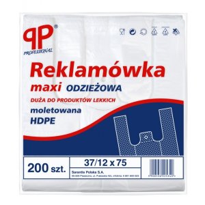 Reklamówka SARANTIS, HDPE, HD maxi odzieżowa, 37 / 12 / 75 cm, 12 mikr., 200 szt., biała