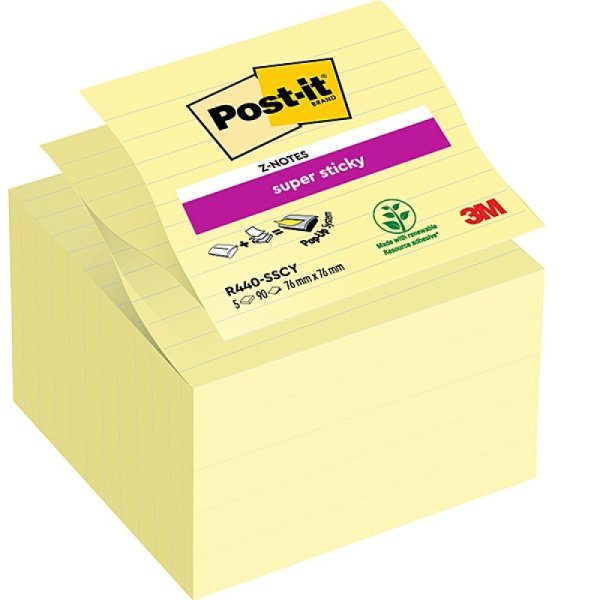 Karteczki samoprzylepne POST-IT® Super Sticky Z-Notes XL w linię (R440-SSCY), 101x101mm, 5x90 kart., żółte