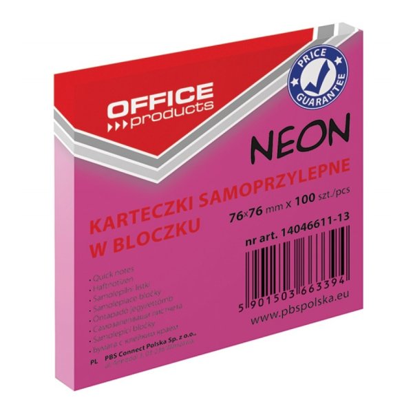 Bloczek samoprzylepny OFFICE PRODUCTS, 76x76mm, 1x100 kart., neon, różowy