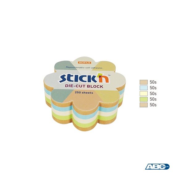 Notes kwiatek, 67x67mm, mix 5 kol. pastel+recykling 250kart. Stickn 21834