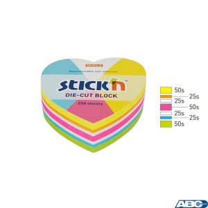 Notes serce, 64x67mm, mix 5 kol. neon + biały, 250kart. Stickn 21836