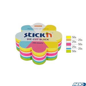 Notes kwiatek, 67x67mm, mix 5 kol. neon + biały, 250kart. Stickn 21833