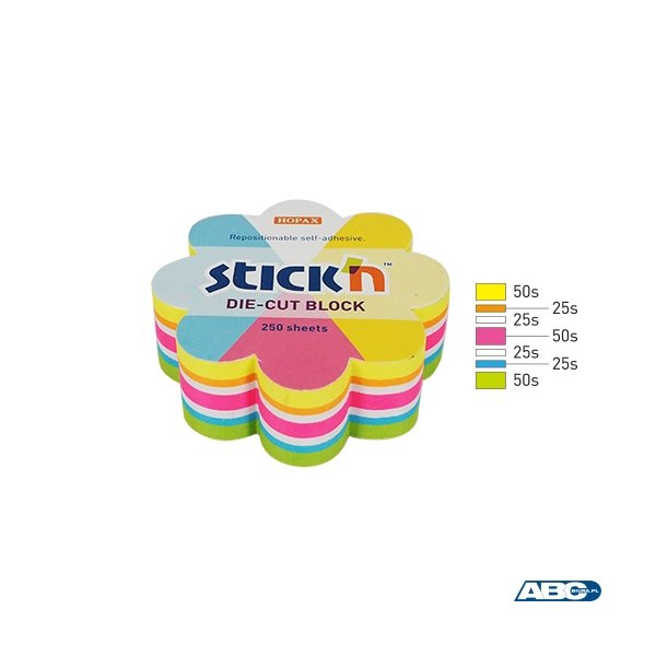 Notes kwiatek, 67x67mm, mix 5 kol. neon+biały, 250kart. Stickn 21833