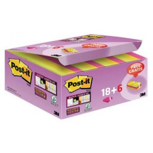 Karteczki samoprzylepne POST-IT® Super Sticky (622-P24SSCOL), 47,6x47,6mm, 18 + 6x90 kart., mix kolorów, GRATIS