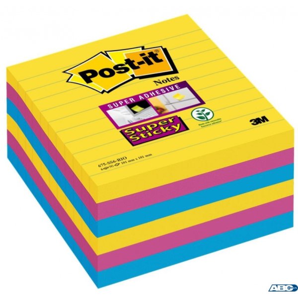 Bloczek samoprzylepny POST-IT Super Sticky w linie (675-SS6RIO-EU), 101x101mm, 6x90 kart., paleta Rio de Janeiro