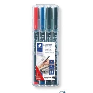 Foliopis Lumocolor, F, wodoodporny, zestaw 3 + 1 gratis 3 kol. (2, 3, 9) w etui box, Staedtler S 318 WP4P