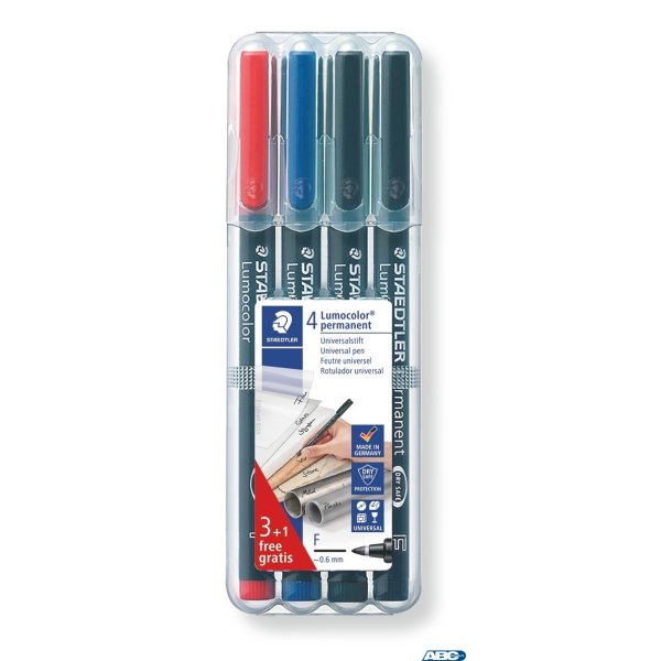 Foliopis Lumocolor, F, wodoodporny, zestaw 3+1 gratis 3 kol. (2, 3, 9) w etui box, Staedtler S 318 WP4P