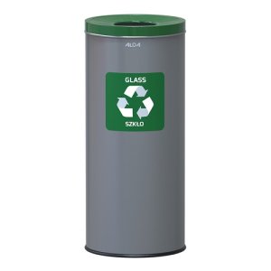 Kosz na śmieci ALDA EKO, 45l, do segregacji: szkło, stal powlekana organicznie, zielona pokrywka, szary