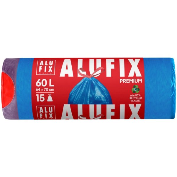 Worki na śmieci ALUFIX, z taśmą ściągającą, LDPE, 60l, 15 szt., niebieskie