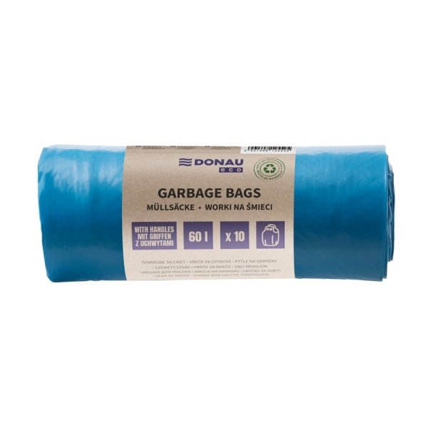 Worki na śmieci DONAU ECO, z uchwytami Knoties, 60l, 10 szt., niebieskie