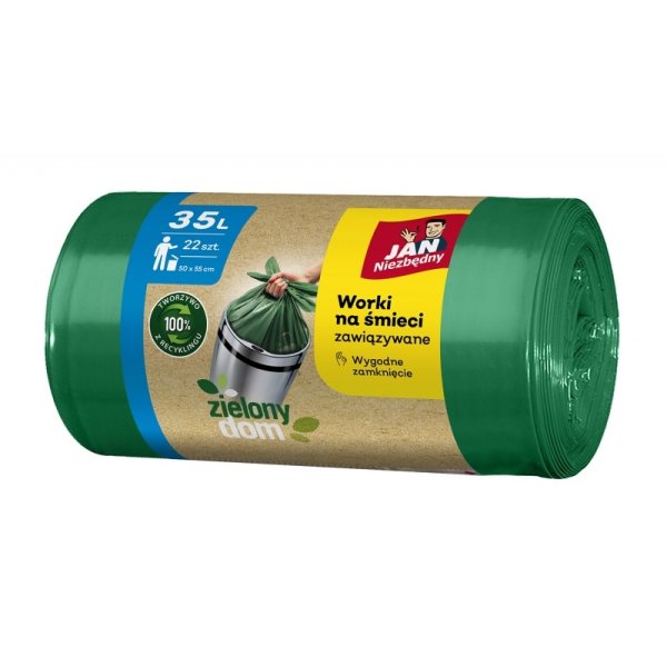 Worki na śmieci JAN NIEZBĘDNY, zielony dom, easy pack, 35l, 22szt., zielone