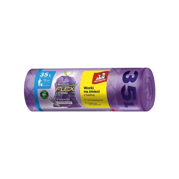 Worki na śmieci JAN NIEZBĘDNY, magnum flex, z taśmą, 35l, 15szt., lawendowe