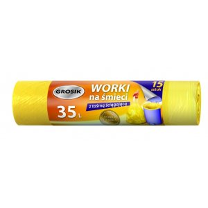 Worki na śmieci z taśmą GROSIK, HDPE, 35l, 15 szt., żółte