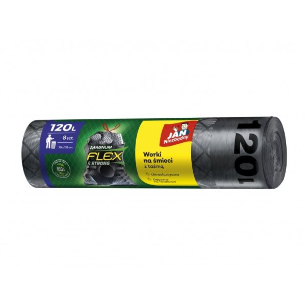 Worki na śmieci JAN NIEZBĘDNY, magnum flex&strong, LDPE, z taśmą, 120l, 8szt., czarne