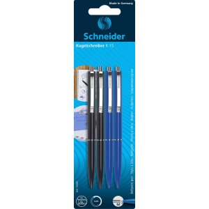 Długopisy automatyczne SCHNEIDER K15,  2x czarny  +  2x niebieski, blister