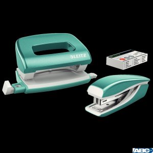 Zszywacz  +  dziurkacz metalowy Leitz Mini WOW, turkusowy, 10 lat gwarancji, 10 kartek 55612051 (X)
