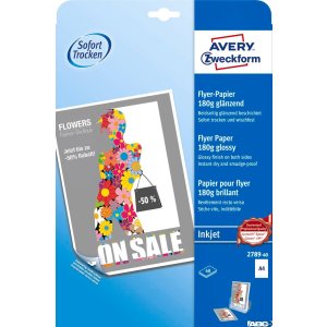 Papier do ulotek błyszczący 2789-40 A4 40 ark. obustronnie powlekany, 180 g, 210 x 297 mm, biały, Avery Zweckform (X)