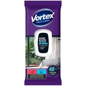 Chusteczki nawilżane VORTEX, do szyb i luster, z klapką, 48 szt.