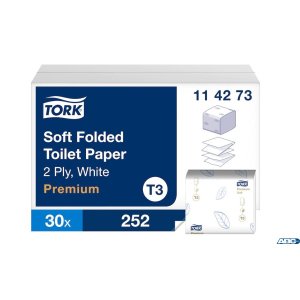 Papier toaletowy w składce Tork PREMIUM , 2 warstwy, kolor biały, celuloza, 7560 szt. / kart., T3, 114273