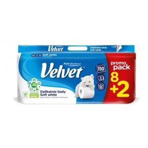 Papier toaletowy celulozowy VELVET Delikatnie Biały, 3-warstwowy, 150 listki, 8 + 2szt., biały