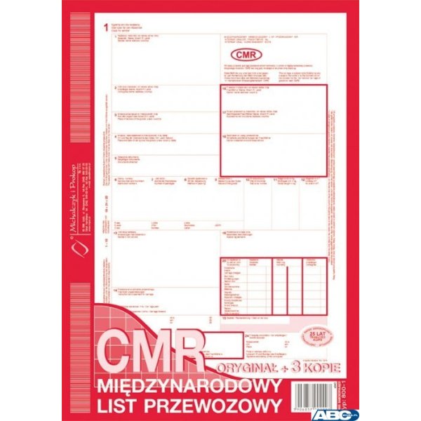 800-1N CMR A4 80kartek 1+3 numerowany międzynarodowy list przewozowy M&P