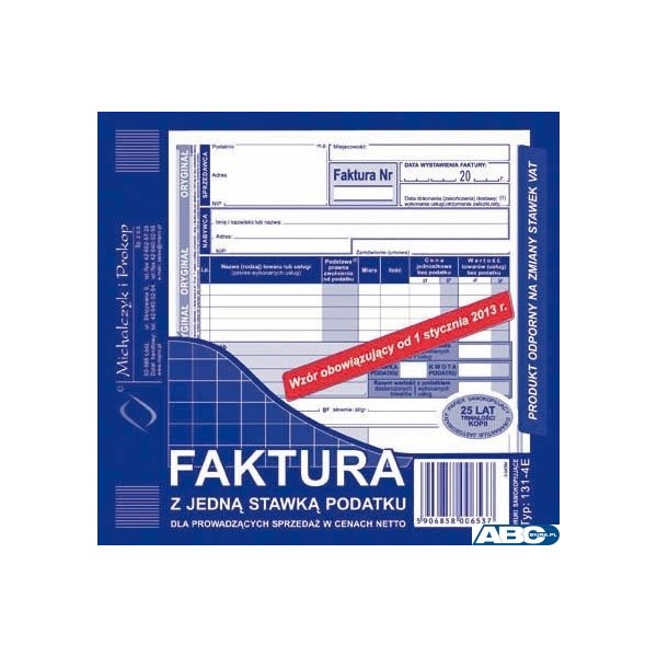 131-4E Faktura z jedną stawką podatku sprzedaż w netto 2/3A5 MICHALCZYK