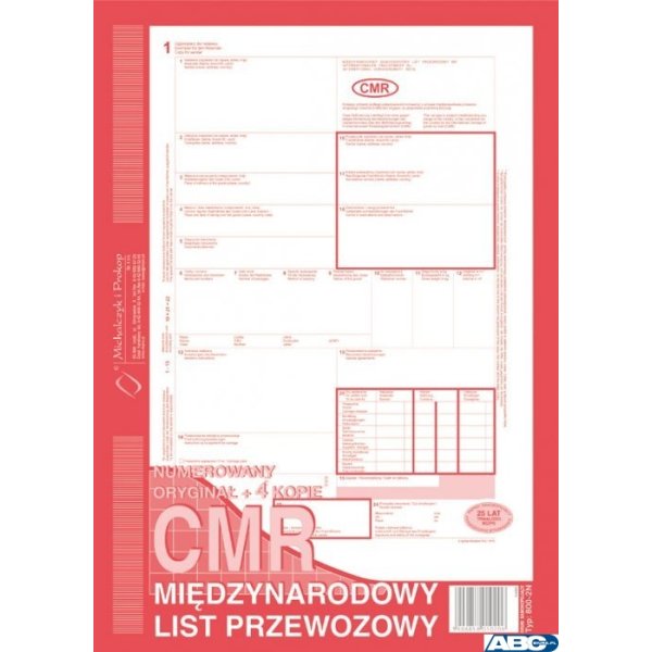 800-2N CMR A4 80kartek 1+4 numerowany międzynarodowy list przewozowy M&P