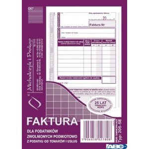 205-5E Faktura dla podatników zwolnionych z VAT A6 (o + 1k) MICHALCZYK