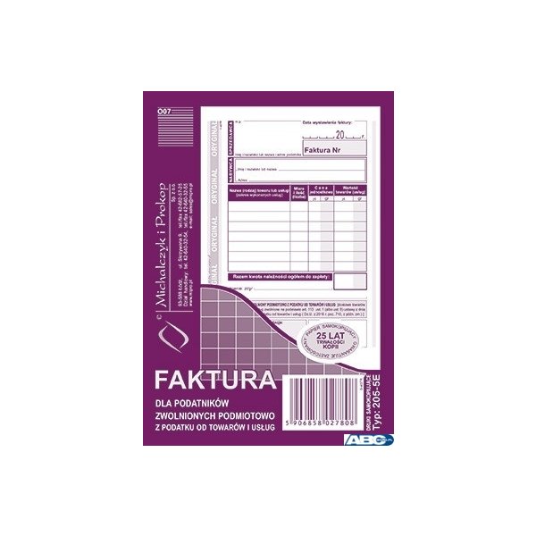 205-5E Faktura dla podatników zwolnionych z VAT A6 (o+1k) MICHALCZYK