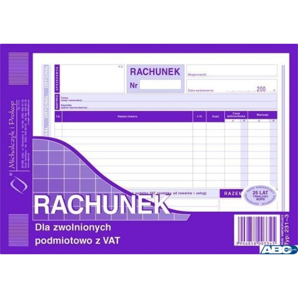 231-3 Rachunek A5 dla zw.z VAT (poziom)MICHALCZYK i PROKOP