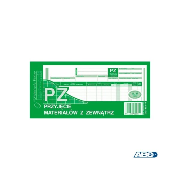 352-8 PZ przyjęcie materiałów z zewnątrz, 1/3 A4 80 kartek, MICHALCZYK&PROKOP