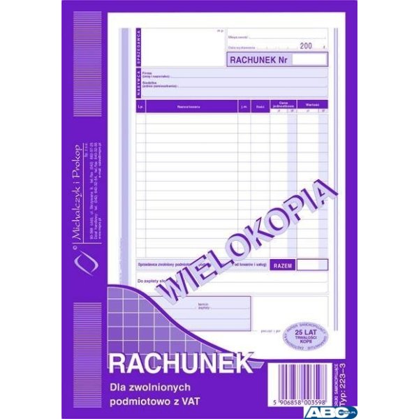 223-3 Rachunek A5 dla zw.z VAT (pion) wielokopia MICHALCZYK i PROKOP