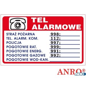 Tabliczka TELEFONY ALARMOWE ZZ-94P 150x200 PŁYTA PCV, ANPRO
