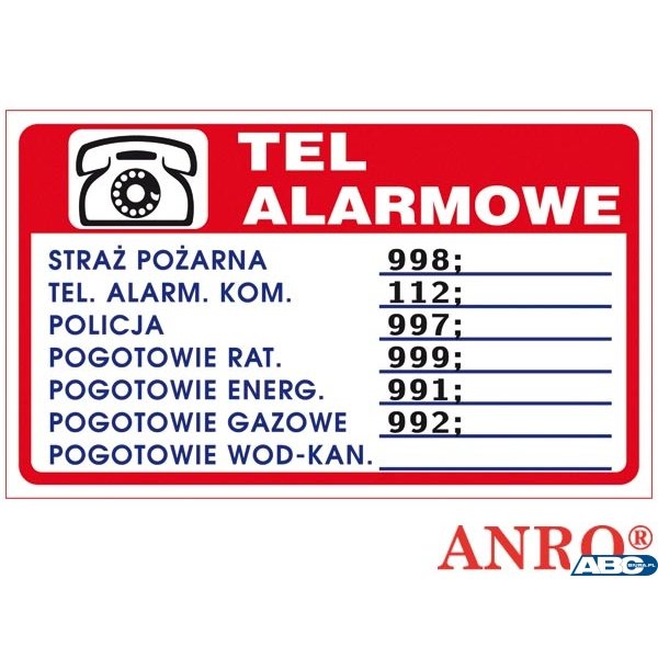 Tabliczka TELEFONY ALARMOWE ZZ-94P 150x200 PŁYTA PCV, ANPRO