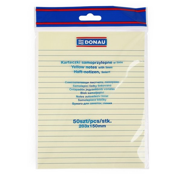 Bloczek samoprzylepny DONAU, 150x203mm, w linię, 1x50 kart., 75gsm, żółty