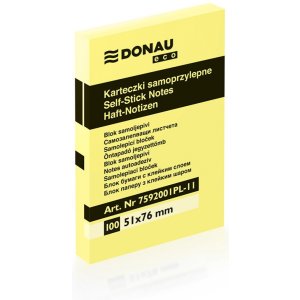 Bloczek samoprzylepny DONAU Eco, 51x76mm, 1x100 kart., jasnożółty