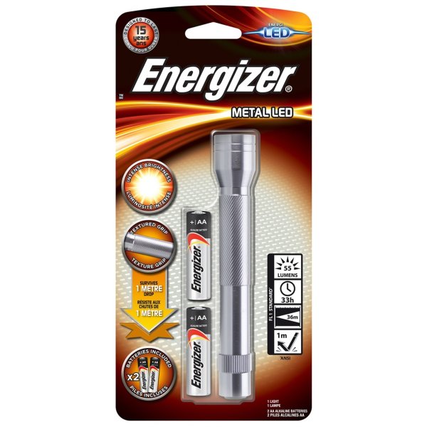 Latarka ENERGIZER Metal + 2szt. baterii AA, srebrna