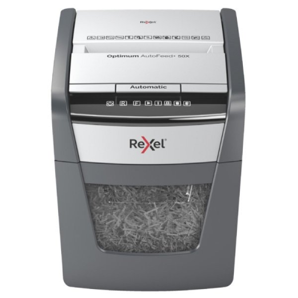 Niszczarka automatyczna REXEL OPTIMUM AUTOFEED+ 50X, P-4, 50 katrek, 20l, czarna